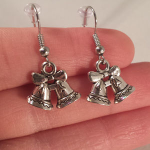 Silver Christmas Bells Carved Drop Dangle Earrings New Holiday Party Festive